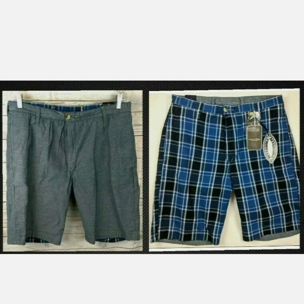 NWT $98 - American Heritage Men's Reversible Shorts - Blue Plaid & Solid - 34